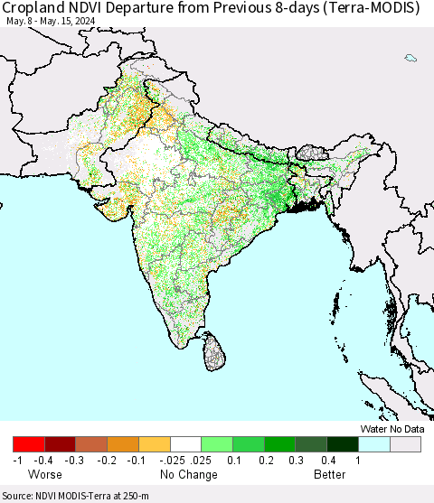 Southern Asia Cropland NDVI Departure from Previous 8-days (Terra-MODIS) Thematic Map For 5/8/2024 - 5/15/2024