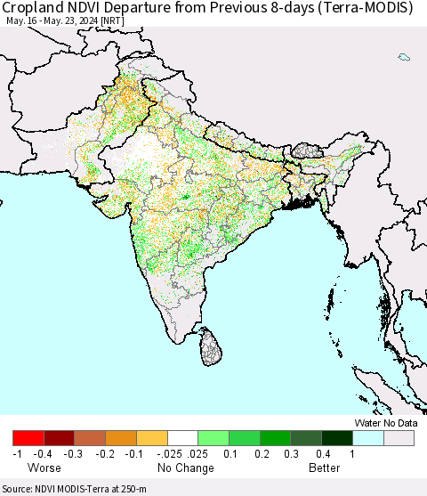 Southern Asia Cropland NDVI Departure from Previous 8-days (Terra-MODIS) Thematic Map For 5/16/2024 - 5/23/2024