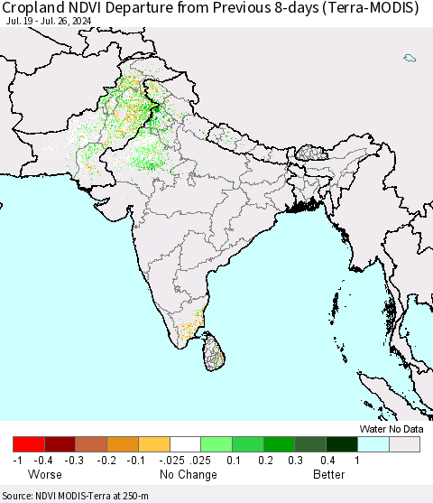 Southern Asia Cropland NDVI Departure from Previous 8-days (Terra-MODIS) Thematic Map For 7/19/2024 - 7/26/2024