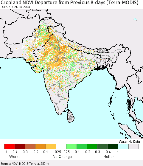 Southern Asia Cropland NDVI Departure from Previous 8-days (Terra-MODIS) Thematic Map For 10/7/2024 - 10/14/2024