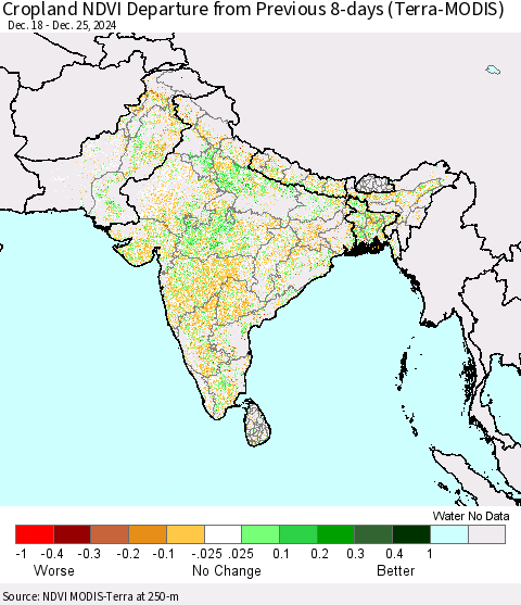Southern Asia Cropland NDVI Departure from Previous 8-days (Terra-MODIS) Thematic Map For 12/18/2024 - 12/25/2024