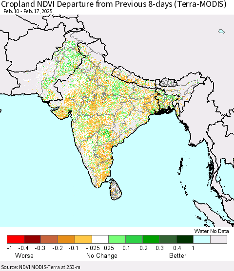 Southern Asia Cropland NDVI Departure from Previous 8-days (Terra-MODIS) Thematic Map For 2/10/2025 - 2/17/2025