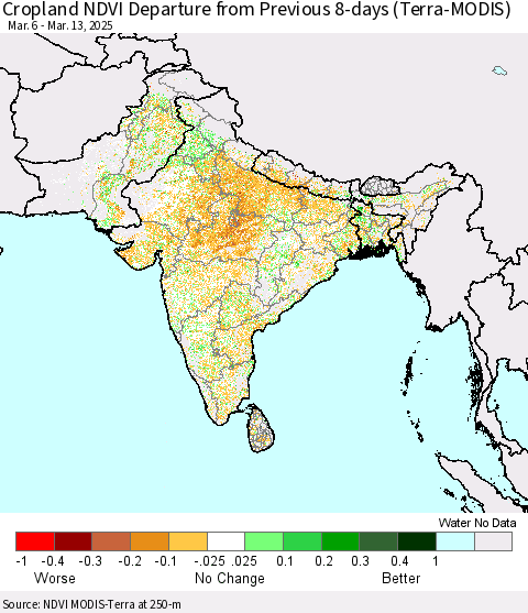 Southern Asia Cropland NDVI Departure from Previous 8-days (Terra-MODIS) Thematic Map For 3/6/2025 - 3/13/2025