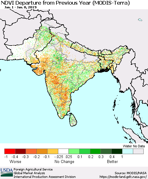 Southern Asia NDVI Departure from Previous Year (Terra-MODIS) Thematic Map For 1/1/2019 - 1/10/2019