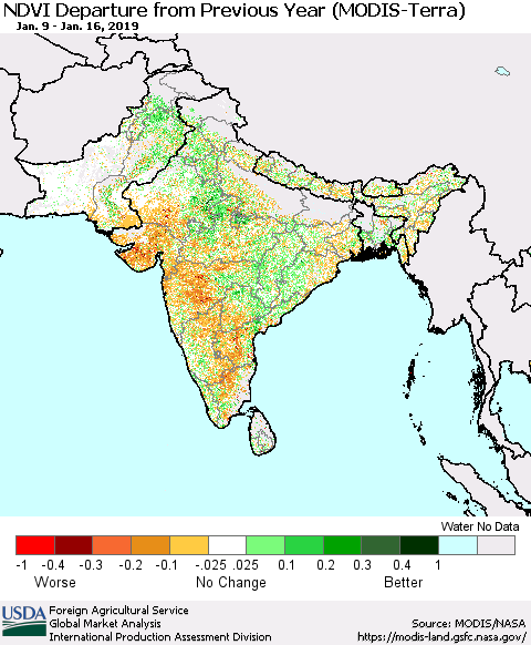 Southern Asia NDVI Departure from Previous Year (Terra-MODIS) Thematic Map For 1/11/2019 - 1/20/2019
