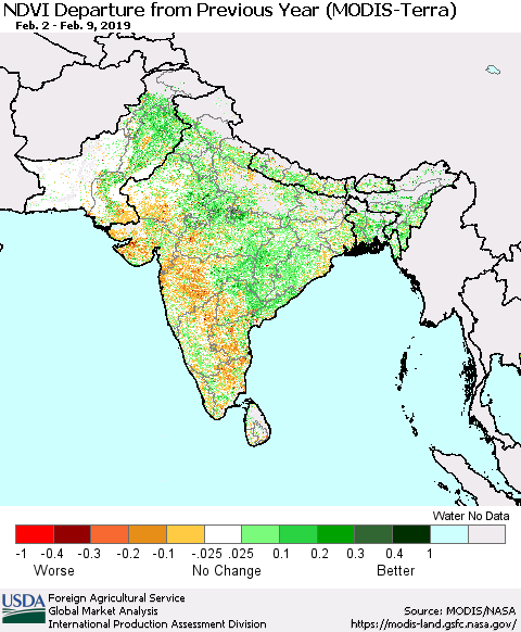 Southern Asia NDVI Departure from Previous Year (Terra-MODIS) Thematic Map For 2/1/2019 - 2/10/2019