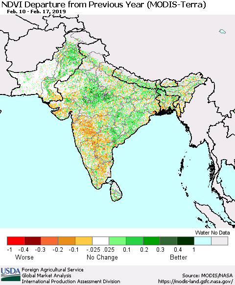 Southern Asia NDVI Departure from Previous Year (Terra-MODIS) Thematic Map For 2/11/2019 - 2/20/2019