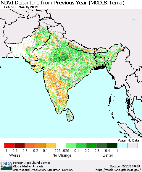 Southern Asia NDVI Departure from Previous Year (Terra-MODIS) Thematic Map For 3/1/2019 - 3/10/2019