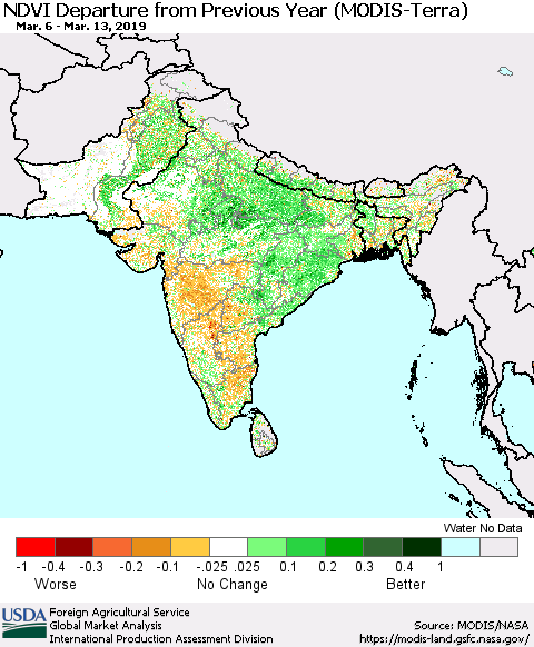 Southern Asia NDVI Departure from Previous Year (Terra-MODIS) Thematic Map For 3/11/2019 - 3/20/2019