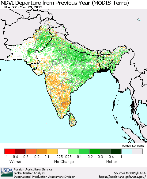 Southern Asia NDVI Departure from Previous Year (Terra-MODIS) Thematic Map For 3/21/2019 - 3/31/2019