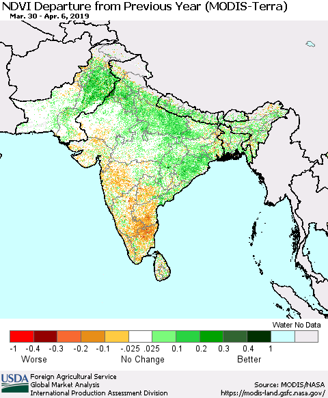 Southern Asia NDVI Departure from Previous Year (Terra-MODIS) Thematic Map For 4/1/2019 - 4/10/2019