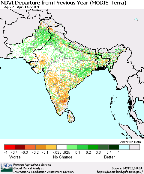 Southern Asia NDVI Departure from Previous Year (Terra-MODIS) Thematic Map For 4/11/2019 - 4/20/2019