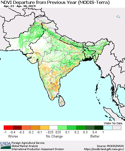 Southern Asia NDVI Departure from Previous Year (Terra-MODIS) Thematic Map For 4/21/2019 - 4/30/2019