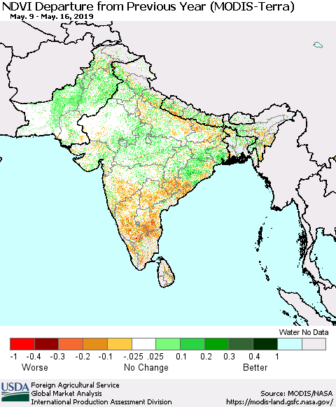 Southern Asia NDVI Departure from Previous Year (MODIS-Terra) Thematic Map For 5/11/2019 - 5/20/2019