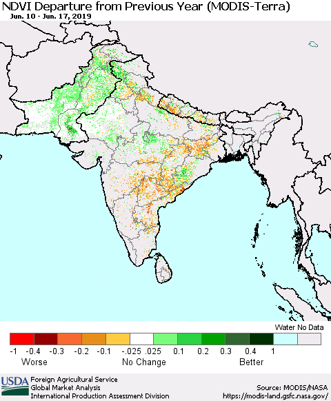 Southern Asia NDVI Departure from Previous Year (MODIS-Terra) Thematic Map For 6/11/2019 - 6/20/2019