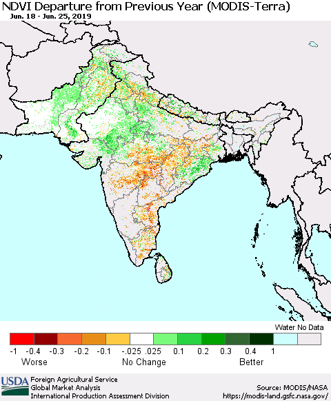 Southern Asia NDVI Departure from Previous Year (MODIS-Terra) Thematic Map For 6/21/2019 - 6/30/2019