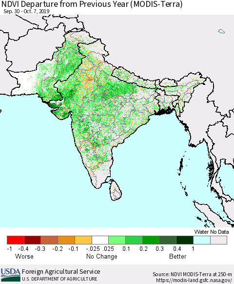 Southern Asia NDVI Departure from Previous Year (Terra-MODIS) Thematic Map For 10/1/2019 - 10/10/2019