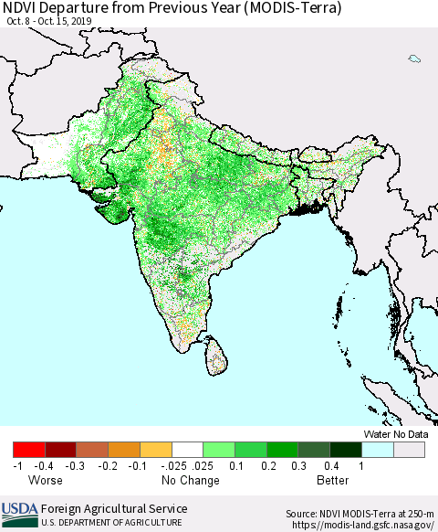 Southern Asia NDVI Departure from Previous Year (MODIS-Terra) Thematic Map For 10/11/2019 - 10/20/2019