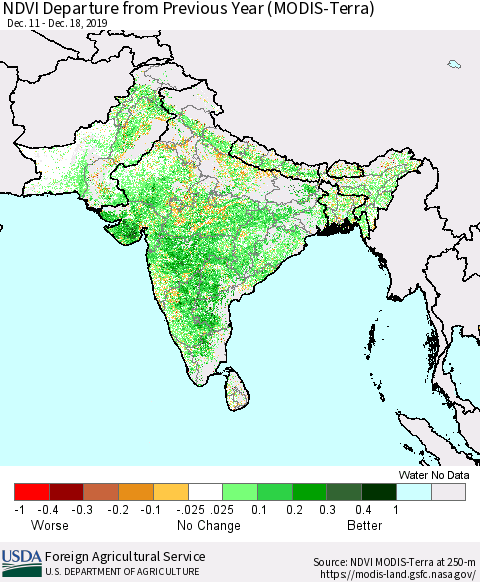 Southern Asia NDVI Departure from Previous Year (Terra-MODIS) Thematic Map For 12/11/2019 - 12/20/2019