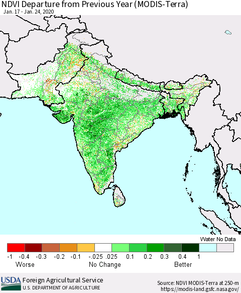 Southern Asia NDVI Departure from Previous Year (Terra-MODIS) Thematic Map For 1/21/2020 - 1/31/2020