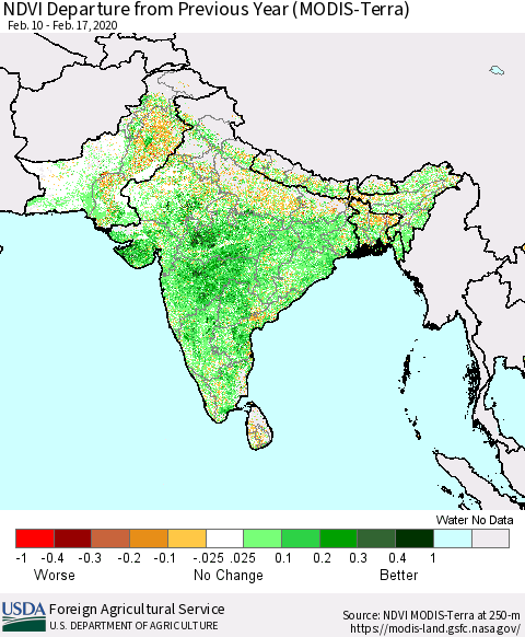 Southern Asia NDVI Departure from Previous Year (MODIS-Terra) Thematic Map For 2/11/2020 - 2/20/2020