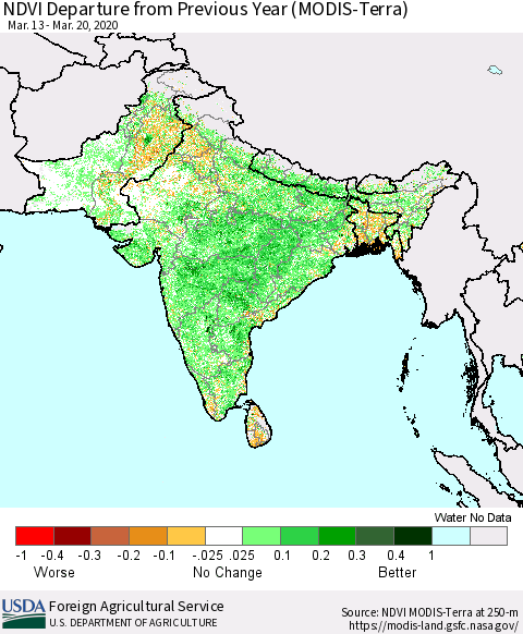 Southern Asia NDVI Departure from Previous Year (MODIS-Terra) Thematic Map For 3/11/2020 - 3/20/2020