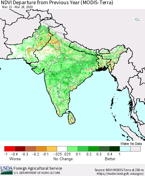 Southern Asia NDVI Departure from Previous Year (Terra-MODIS) Thematic Map For 3/21/2020 - 3/31/2020