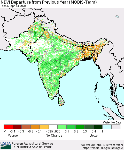 Southern Asia NDVI Departure from Previous Year (Terra-MODIS) Thematic Map For 4/11/2020 - 4/20/2020
