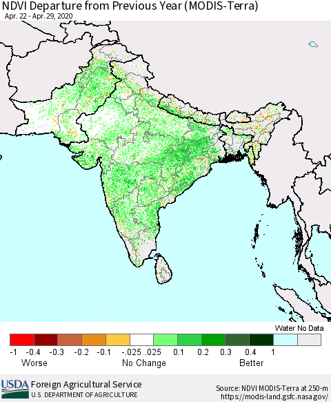 Southern Asia NDVI Departure from Previous Year (Terra-MODIS) Thematic Map For 4/21/2020 - 4/30/2020