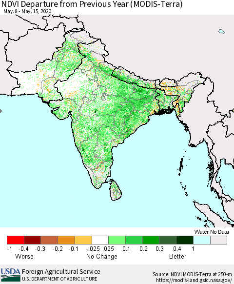 Southern Asia NDVI Departure from Previous Year (MODIS-Terra) Thematic Map For 5/11/2020 - 5/20/2020