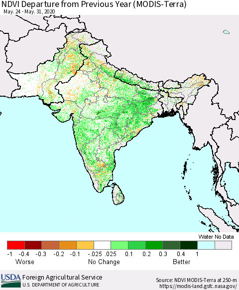 Southern Asia NDVI Departure from Previous Year (Terra-MODIS) Thematic Map For 5/21/2020 - 5/31/2020