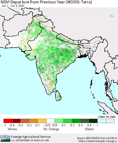 Southern Asia NDVI Departure from Previous Year (MODIS-Terra) Thematic Map For 6/1/2020 - 6/10/2020