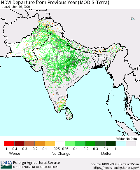 Southern Asia NDVI Departure from Previous Year (Terra-MODIS) Thematic Map For 6/11/2020 - 6/20/2020