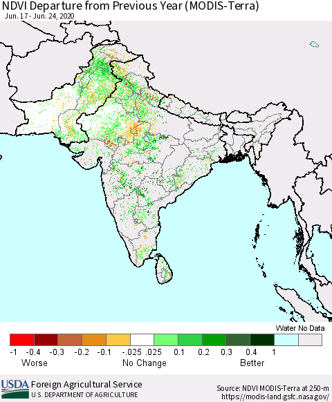 Southern Asia NDVI Departure from Previous Year (Terra-MODIS) Thematic Map For 6/21/2020 - 6/30/2020