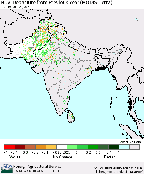 Southern Asia NDVI Departure from Previous Year (MODIS-Terra) Thematic Map For 7/21/2020 - 7/31/2020