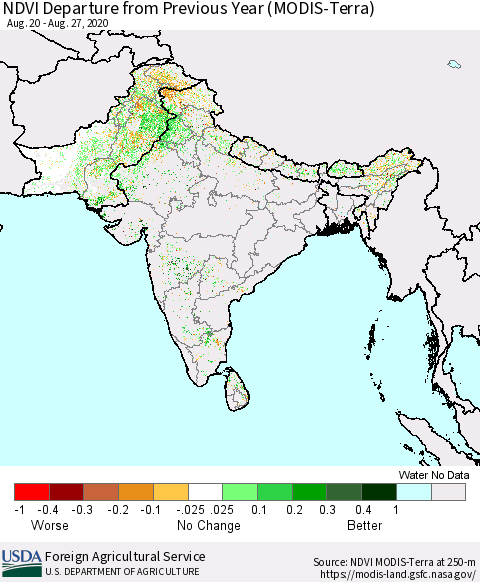 Southern Asia NDVI Departure from Previous Year (Terra-MODIS) Thematic Map For 8/21/2020 - 8/31/2020
