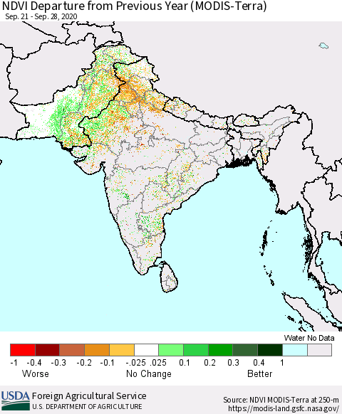 Southern Asia NDVI Departure from Previous Year (Terra-MODIS) Thematic Map For 9/21/2020 - 9/30/2020