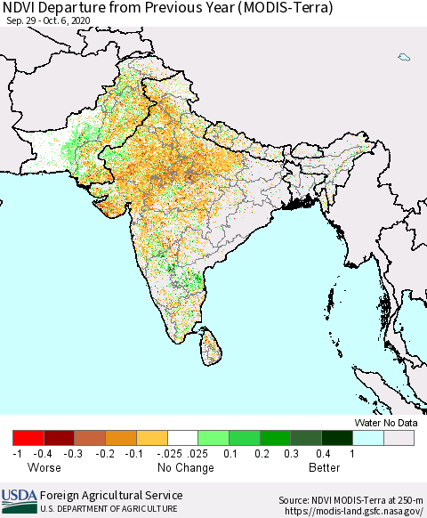 Southern Asia NDVI Departure from Previous Year (MODIS-Terra) Thematic Map For 10/1/2020 - 10/10/2020