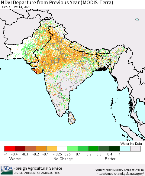 Southern Asia NDVI Departure from Previous Year (MODIS-Terra) Thematic Map For 10/11/2020 - 10/20/2020