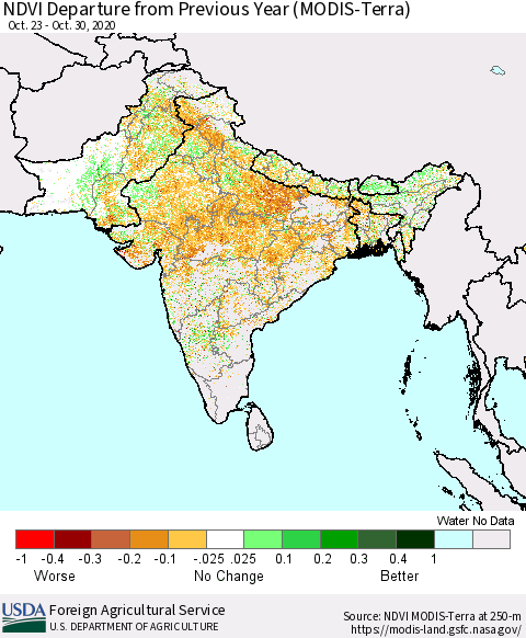 Southern Asia NDVI Departure from Previous Year (Terra-MODIS) Thematic Map For 10/21/2020 - 10/31/2020