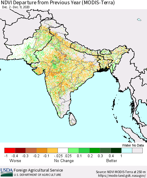 Southern Asia NDVI Departure from Previous Year (MODIS-Terra) Thematic Map For 12/1/2020 - 12/10/2020