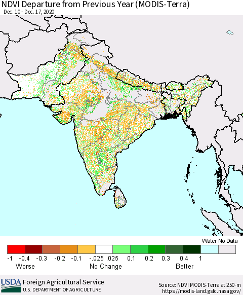 Southern Asia NDVI Departure from Previous Year (Terra-MODIS) Thematic Map For 12/11/2020 - 12/20/2020
