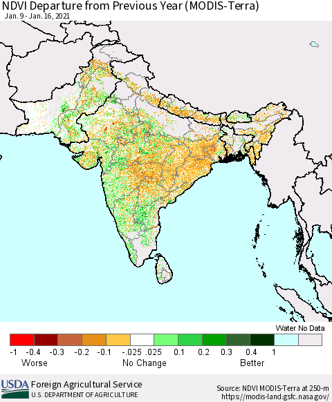Southern Asia NDVI Departure from Previous Year (Terra-MODIS) Thematic Map For 1/11/2021 - 1/20/2021