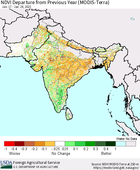 Southern Asia NDVI Departure from Previous Year (Terra-MODIS) Thematic Map For 1/21/2021 - 1/31/2021
