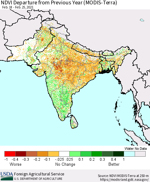 Southern Asia NDVI Departure from Previous Year (Terra-MODIS) Thematic Map For 2/21/2021 - 2/28/2021