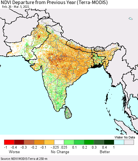 Southern Asia NDVI Departure from Previous Year (Terra-MODIS) Thematic Map For 2/26/2021 - 3/5/2021