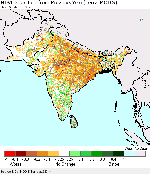 Southern Asia NDVI Departure from Previous Year (Terra-MODIS) Thematic Map For 3/6/2021 - 3/13/2021