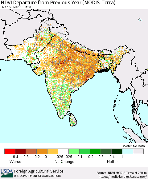 Southern Asia NDVI Departure from Previous Year (Terra-MODIS) Thematic Map For 3/11/2021 - 3/20/2021
