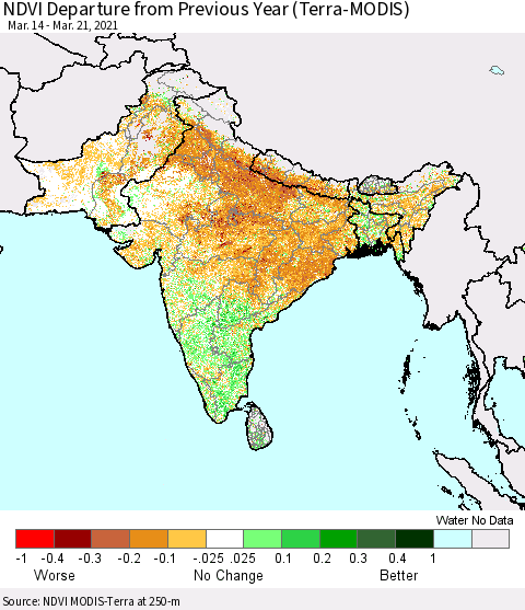 Southern Asia NDVI Departure from Previous Year (Terra-MODIS) Thematic Map For 3/14/2021 - 3/21/2021