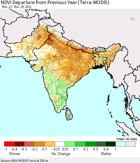 Southern Asia NDVI Departure from Previous Year (Terra-MODIS) Thematic Map For 3/22/2021 - 3/29/2021